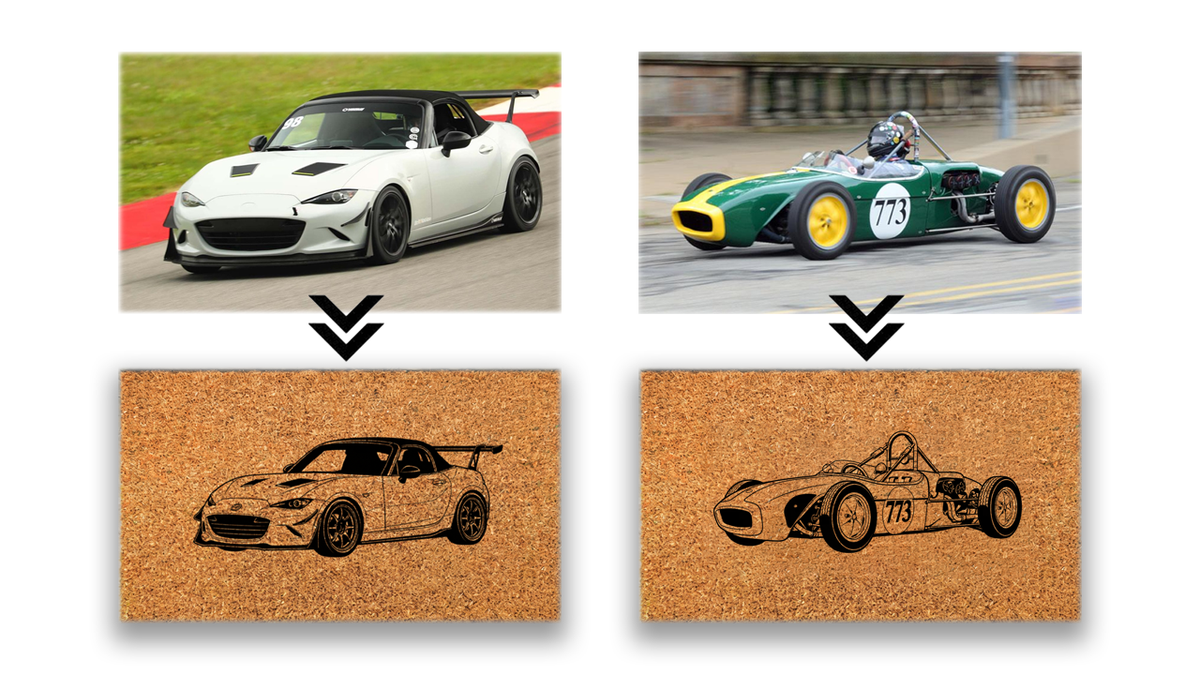 Examples of custom car photos turned into Enthusiast Made doormat designs